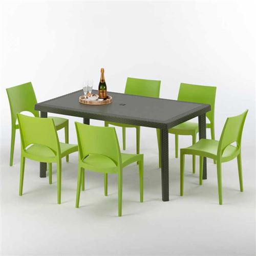 Table rectangulaire 6 chaises Poly rotin resine 150x90 marron Focus, Chaises Modèle: Paris Vert