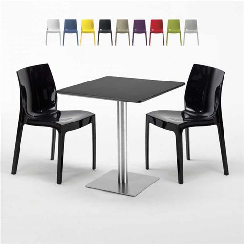 Table carrée noire 70x70 avec 2 chaises colorées Ice RUM RAISIN, Couleur: Noir