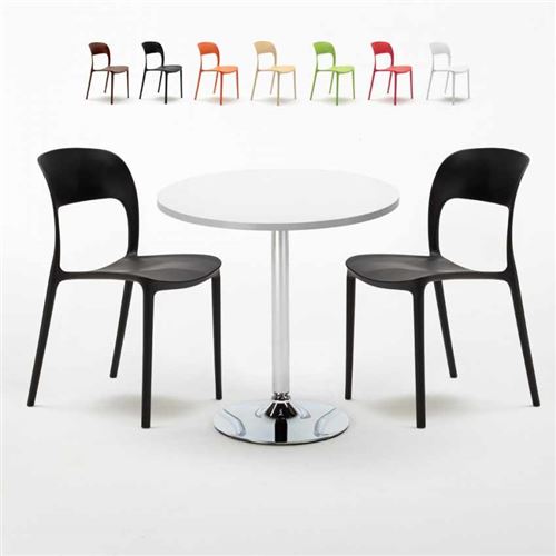 Table Ronde Blanche 70x70cm Avec 2 Chaises Colorées Set Intérieur Bar Café Restaurant LONG Island, Couleur: Noir