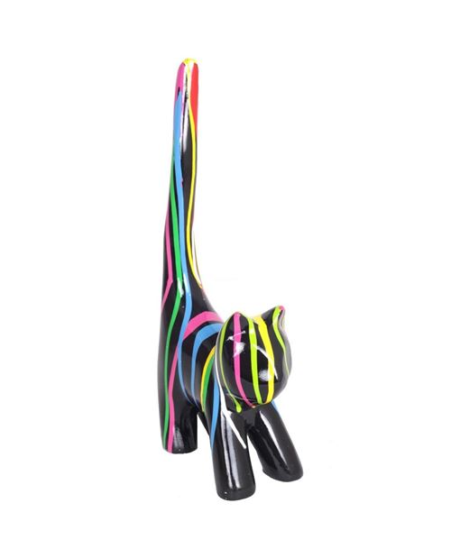Statue chat multicolore (Polo) en résine fond noir - 34 cm