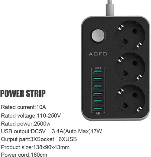 14€21 sur Multiprise Aofo 3 prises 6 ports USB avec interrupteur individuel  (noir) - Prise, multiprise et accessoires électriques - Achat & prix