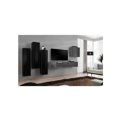 Ensemble meuble salon SWITCH III design, coloris gris et noir brillant.