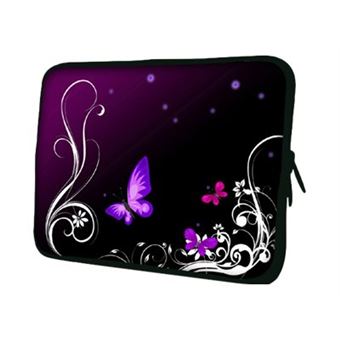 Housse Néoprène Pour Ordinateur Portable 17,3" - Motif Papillon Violet, Avec Souris Sans Fil Et Tapis Assorti