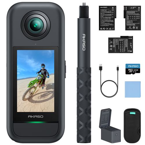 AKASO 360 Kit de Camera Sport &agrave; 360&deg; avec 5.7K avec Carte M&eacute;moire 512Go 48MP 1/2"" 72MP Photo SuperSmooth 2.29"" Ecran Tactile Noir 