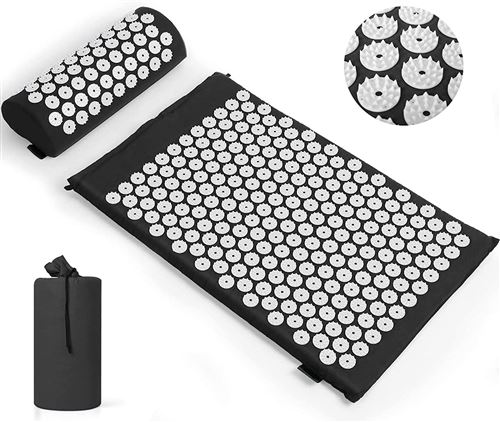 Kit d'acupression Tapis de Yoga FONGWAN avec Coussin et Sac Rangement, Soulage douleurs Dos et Cou - Noir