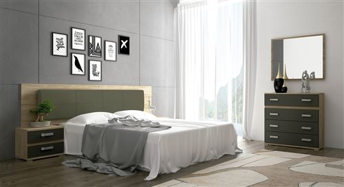 Ensemble Chambre Complète PEGANE (lit 190x90 Cm + Table De Chevet + Armoire + Commode) - Blanc Et Chêne Naturel - Panneaux Mélaminés
