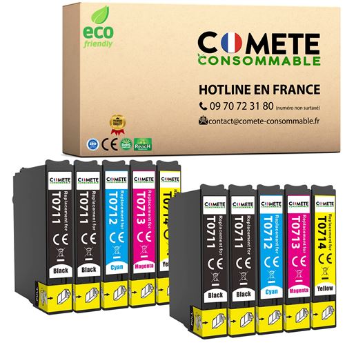 COMETE, Marque Française - T0715 - 10 Cartouches d'encre compatibles avec EPSON T0715 (T0711, T0712, T0713, T0714) - Noir et Couleur