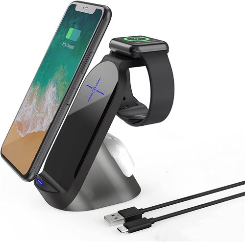 Chargeur Sans Fil, Chargeur Sans Fil Rapide 3 en 1 Qi Station de Charge 15W(Noir)-Chronus