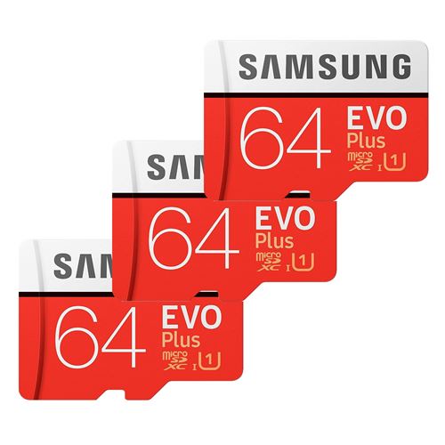 Lot de 3 Carte Mémoire Micro SD SDXC Samsung EVO Plus 64 Go U1 100 Mo/S Full HD et 4K UHD avec Adaptateur (paquet de trois)