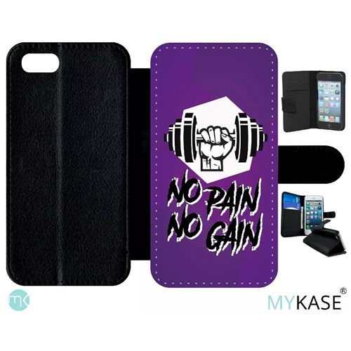Etui My-Kase pour iPhone Se 2020 - no pain no gain fond mauve - Simili-cuir Noir