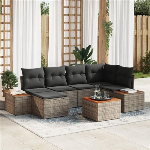 Vidaxl Gris Ensemble De Canapé De Jardin 7 Pièces Avec Coussins En Poly Rattan Acacia 3356794 - Image 2
