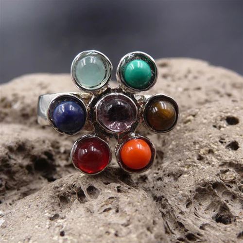Bague argenté fleur de vie des 7 chakras pierres naturelles
