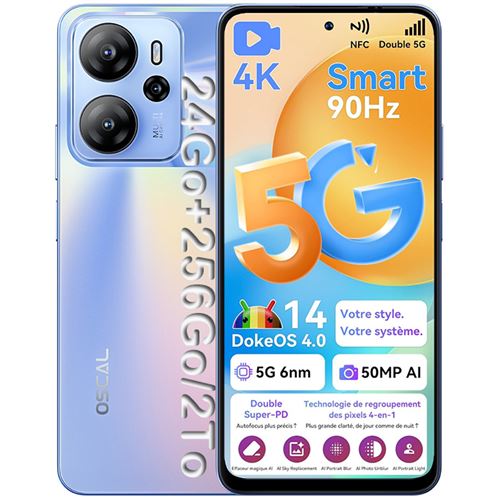 Téléphone Portable 5G Oscal Tiger 13 6.67 (8+16)Go RAM 256Go/SD 2To Caméra 50MP 5000mAh Android 14 NFC Dual SIM GPS - Bleu