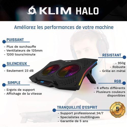 Support pour ordinateur Klim Techs KLIM Halo Support refroidisseur PC Portable  Gamer / Éclairage RGB / 11 - 17 / Ventilateur USB / Stable et Silencieux /  Compatible Mac et PS4