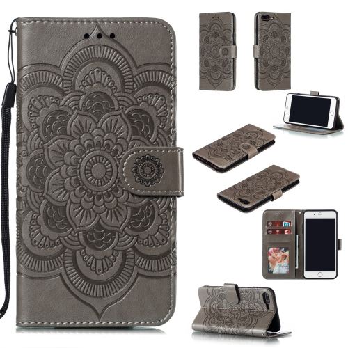 Etui en PU fleur de malanda avec support et sangle gris pour votre Apple iPhone 8 Plus/7 Plus 4.7 pouces