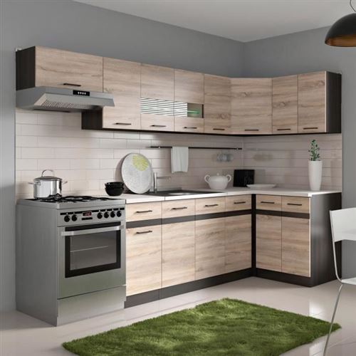 JUNONA Cuisine dangle complete avec eclairage LED et plan de travail L 3m40 - Decor chene sonoma