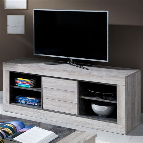 Meuble TV moderne 155 cm couleur chêne gris ANAIS - Gris - L 155 x P 45 x H 60 cm
