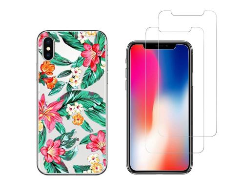 iPhone 10 iPhone X - Combo (1 coque + 2 verres trempés ) Coque Gel transparente et solide anti choc + 2 films en verre trempé (Fleurs)
