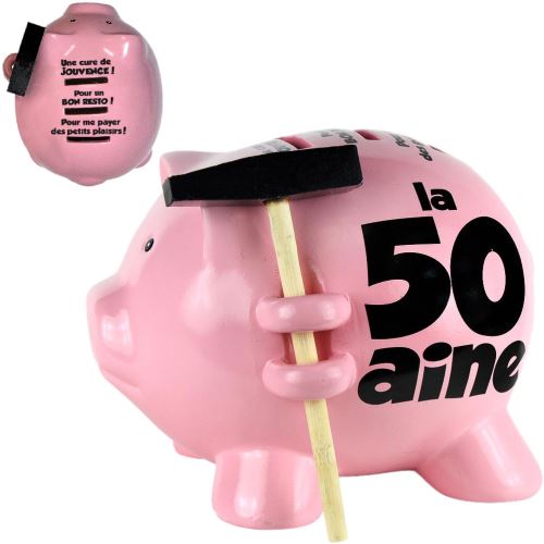 Tirelire cochon avec un petit marteau - 50 ans