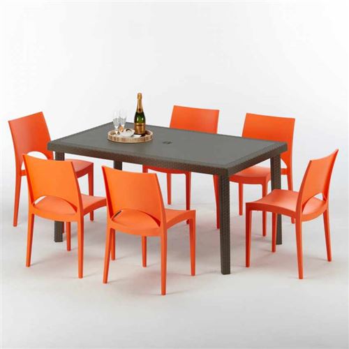 Table rectangulaire 6 chaises Poly rotin resine 150x90 marron Focus, Chaises Modèle: Paris orange