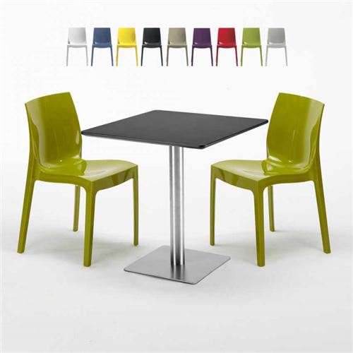 Table carrée noire 70x70 avec 2 chaises colorées Ice RUM RAISIN, Couleur: Vert