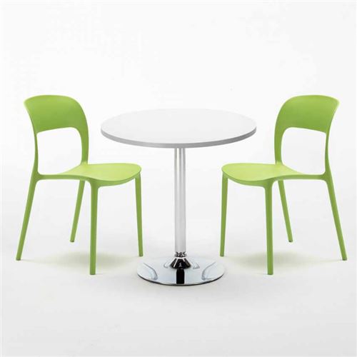 Table Ronde Blanche 70x70cm Avec 2 Chaises Colorées Set Intérieur Bar Café Restaurant LONG Island, Couleur: Vert