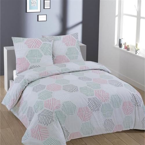 Vision Parure De Couette 100% Coton Hexa Gris / Rose 200x200cm