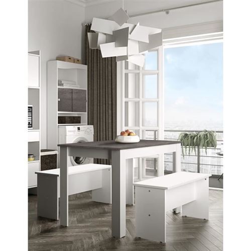 Ensemble table a manger de 4 personnes + 2 bancs - Rectangulaire - Style contemporain - SALT - L 110 x l 70 cm - Blanc et béton