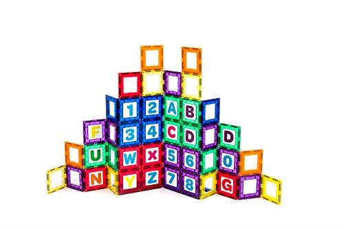 Playmags Magnetic Tile Building Set: Exclusive Educational Clickins 36-Pc. Kit: 18 Super Strong Clear Color Magnet Tiles Windows & 18 Letters & Numbers Stimulate Creativity & Brain Development