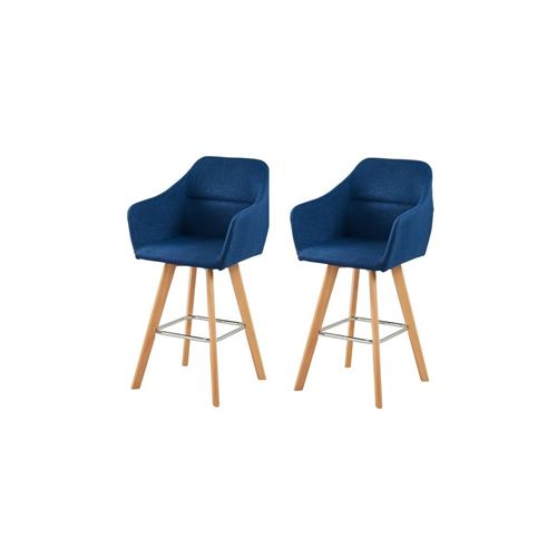 Jonas Lot De 2 Tabourets De Bar - Bois Hetre Massif - Tissu Bleu Clair - Style Scandinave - L 52 X P 55 Cm