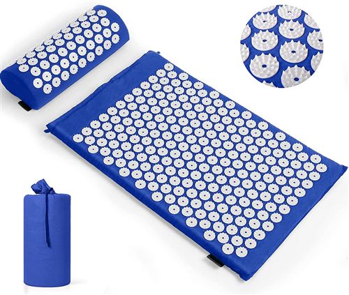 Kit d'acupression Tapis de Yoga FONGWAN avec Coussin et Sac Rangement, Soulage douleurs Dos et Cou - Bleu