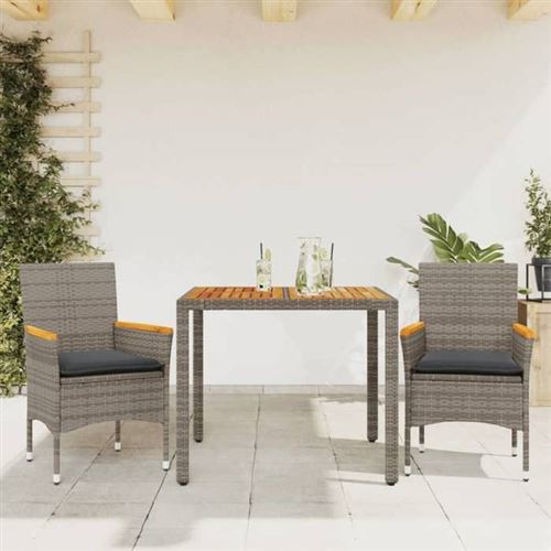 Vidaxl Gris Ensemble À Manger De Jardin Et Coussins 3 Pcs Rotin Acacia, Ensemble De Salle À Manger D'extérieur, Meuble De 3278633 - Image 2