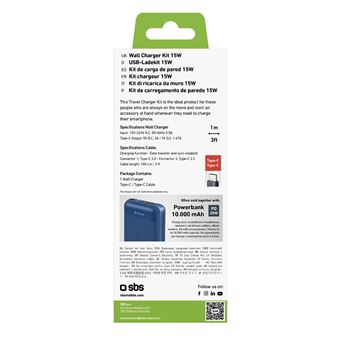 Kit avec chargeur secteur 15W et câble USB-C - USB-C-SBS