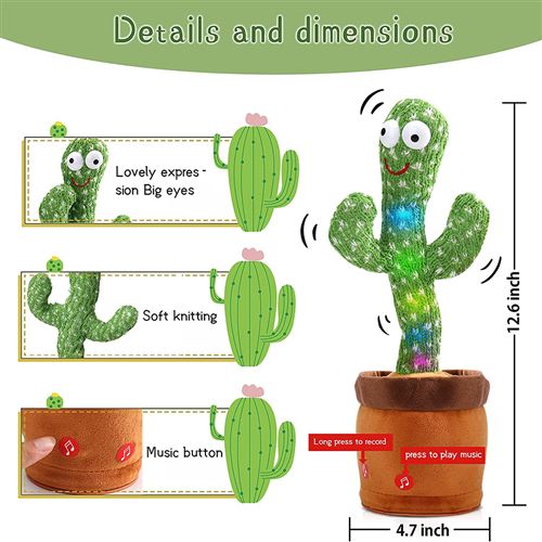 Cactus Dansant Et Parlant Avec LED - Enregistre Et Répète, Joue De La Musique - Jouet Interactif Pour Enfants