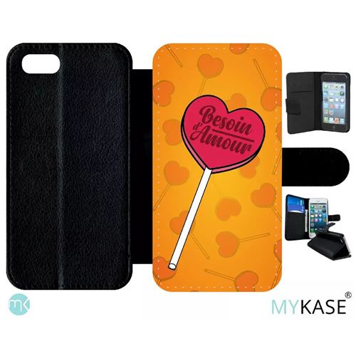 Etui My-Kase pour iPhone Se 2020 - besoin damour fond orange - Simili-cuir Noir