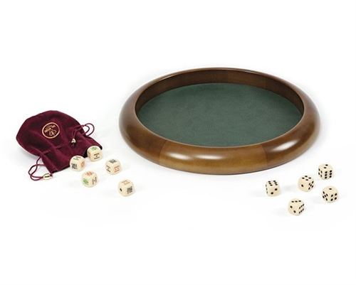 Piste de dés en bois de 32cm - piste en simili cuir - 5 dés classiques et 5 dés poker menteur