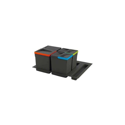 Emuca Kit de poubelles, 12 L + 6 L + 6 L, module 600 mm, Plastique, Gris anthracite, 3 ut. + Base
