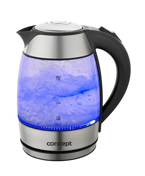 CONCEPT électroménager RK4050 Bouilloire verre et inox, 1,8 litre, eclairage led, 2200 W, filtre anticalcaire amovible [Classe énergétique A]