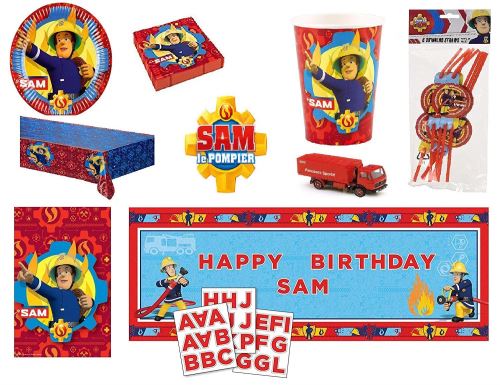 MEGA Kit Sam Le Pompier 8 Enfants Complet Anniversaire (8 Assiettes, 8 gobelets, 20 Serviettes, 1 Nappe + 8 pailles + bannière+ 8 sacs bonbons) fête Nouveauté 2019 + cadeau : 1 Camion de pompiers*