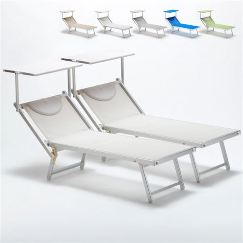 Beach and Garden Design - Bain de soleil professionnels transat aluminium lits de plage Italia 2 pièces, Couleur: Blanc