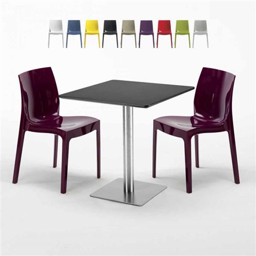 Table carrée noire 70x70 avec 2 chaises colorées Ice RUM RAISIN, Couleur: Pourpre
