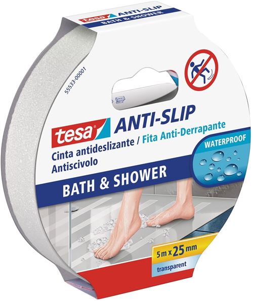 Tesa ruban antid&eacute;rapant bain et douche 5m x 25mm transparente.