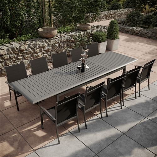 Avril Paris - Table de jardin extensible aluminium 220/320cm + 10 Fauteuils empilables textilène Gris Anthracite - ANDRA XL