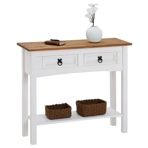 Table console CAMPO table d'appoint rectangulaire en pin massif blanc et brun avec 2 tiroirs et 1 &eacute;tag&egrave;re, meuble d'entr&eacute;e en bois 