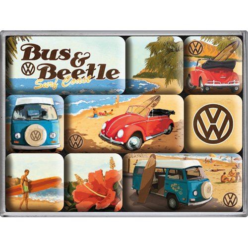 Nostalgic Art Lot de 9 aimants pour réfrigérateur sur le thème de la marque Volkswagen avec Bulli, T2, Beetle et cabriolet