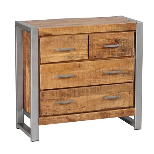 Commode 4 tiroirs en bois massif recycl&eacute; et acier patin&eacute; - MANGOVRE -