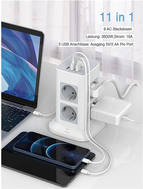 Multiprise Cube USB Bloc Multiprise 3 Prises 3 Ports USB Cable 1.5m  Parafoudre