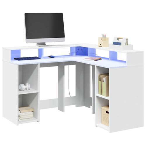 Bureau avec lumières LED blanc 130x130x91 cm bois d ingénierie