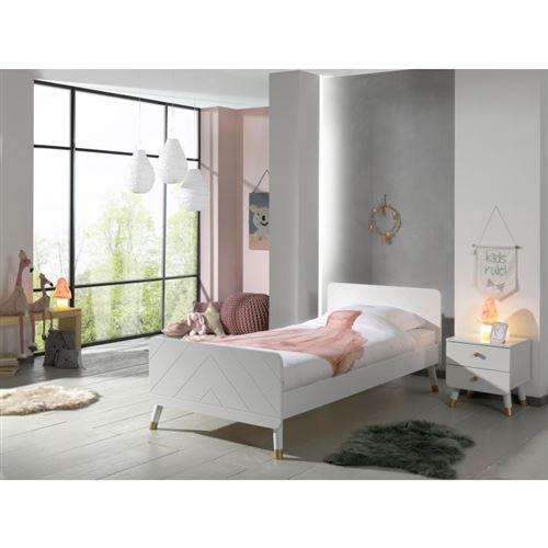Chambre 2 pi&egrave;ces lit enfant 90x200 cm et chevet bois blanc satin&eacute; Funy