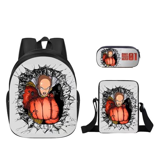 Lot de 3 pièces Sac à Dos, Trousse à crayons, Sac à Bandoulière One Punch Man pour Enfants (SD1572) Noir
